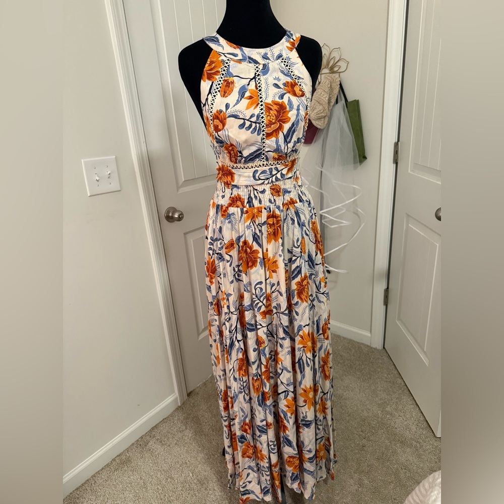 Floral Maxi Dress in Orange and Blue
